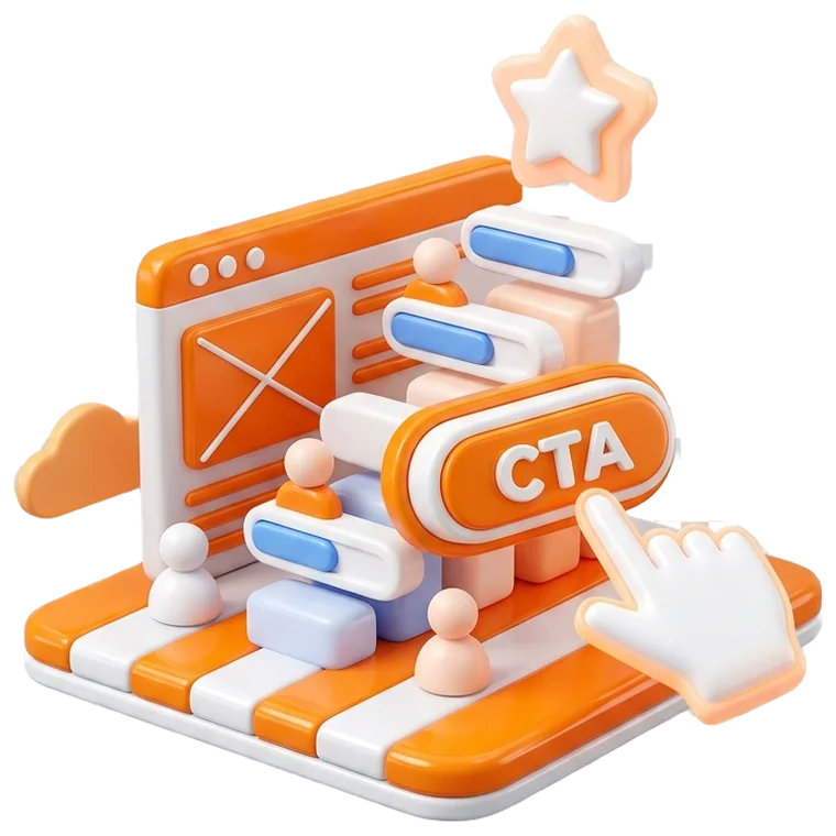3D-иллюстрация лендинга с кнопкой CTA